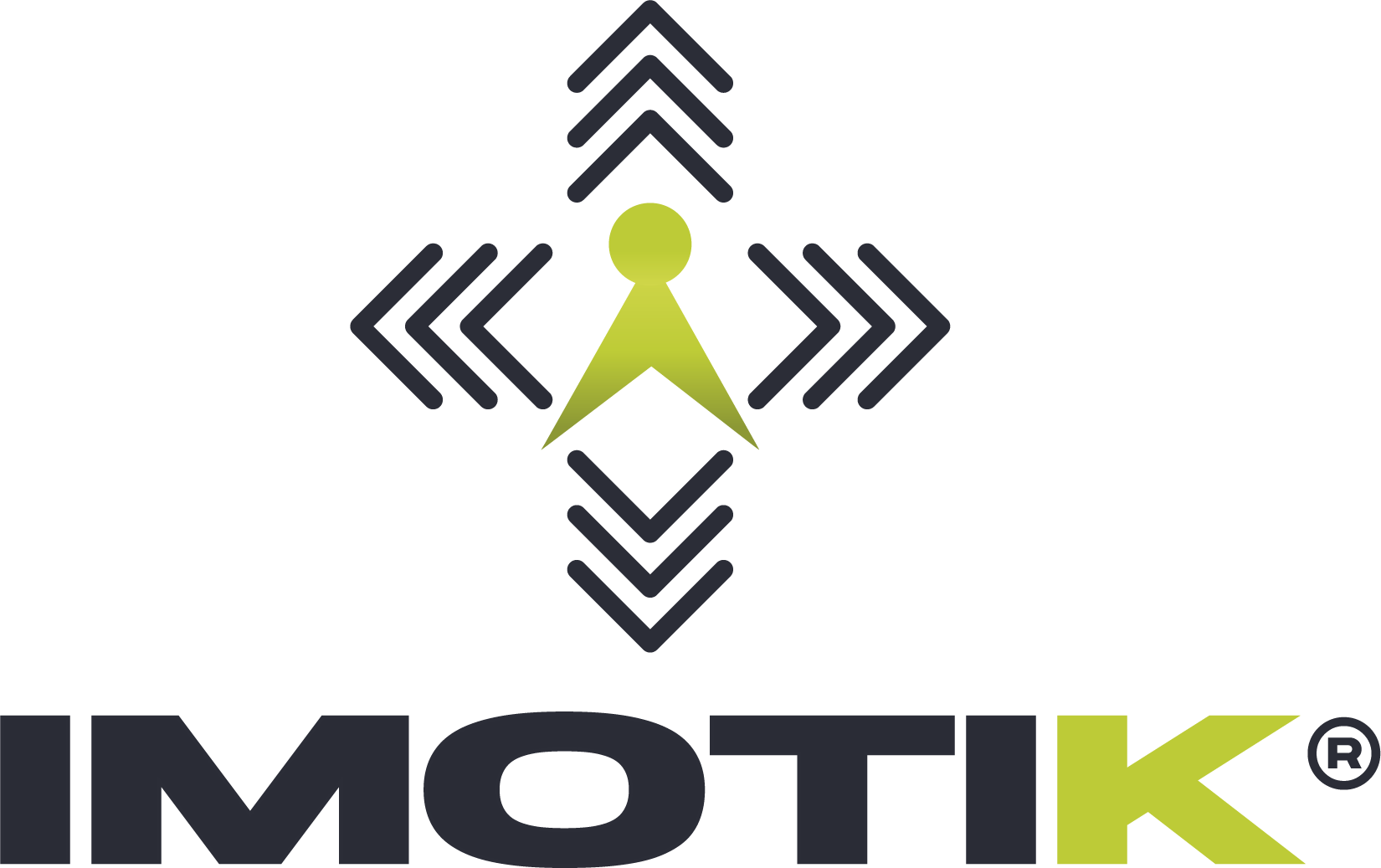 Logo des Prinzips IMOTIK, bestehend aus einem stilisierten menschlichen Symbol in Grüns und Blau, umgeben von nach oben, unten, links und rechts gerichteten Pfeilen, mit dem Text 'IMOTIK'
