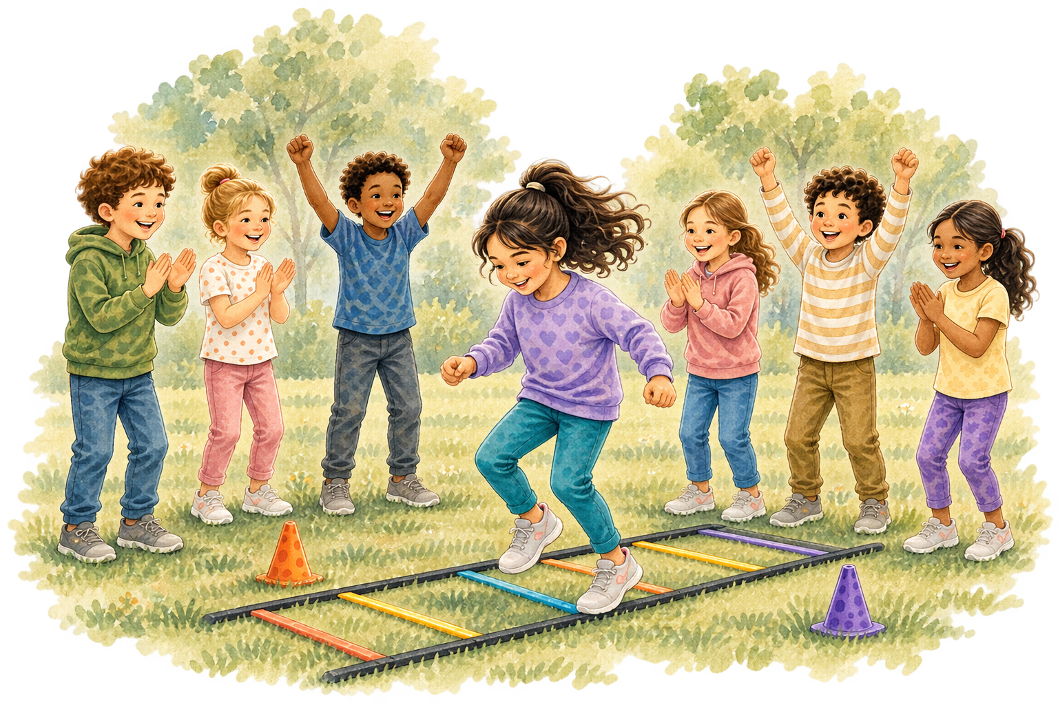 Illustration von sieben Kindern bei einer fröhlichen Hüpfleiter- oder Koordinationsübung auf einer Wiese im Park.