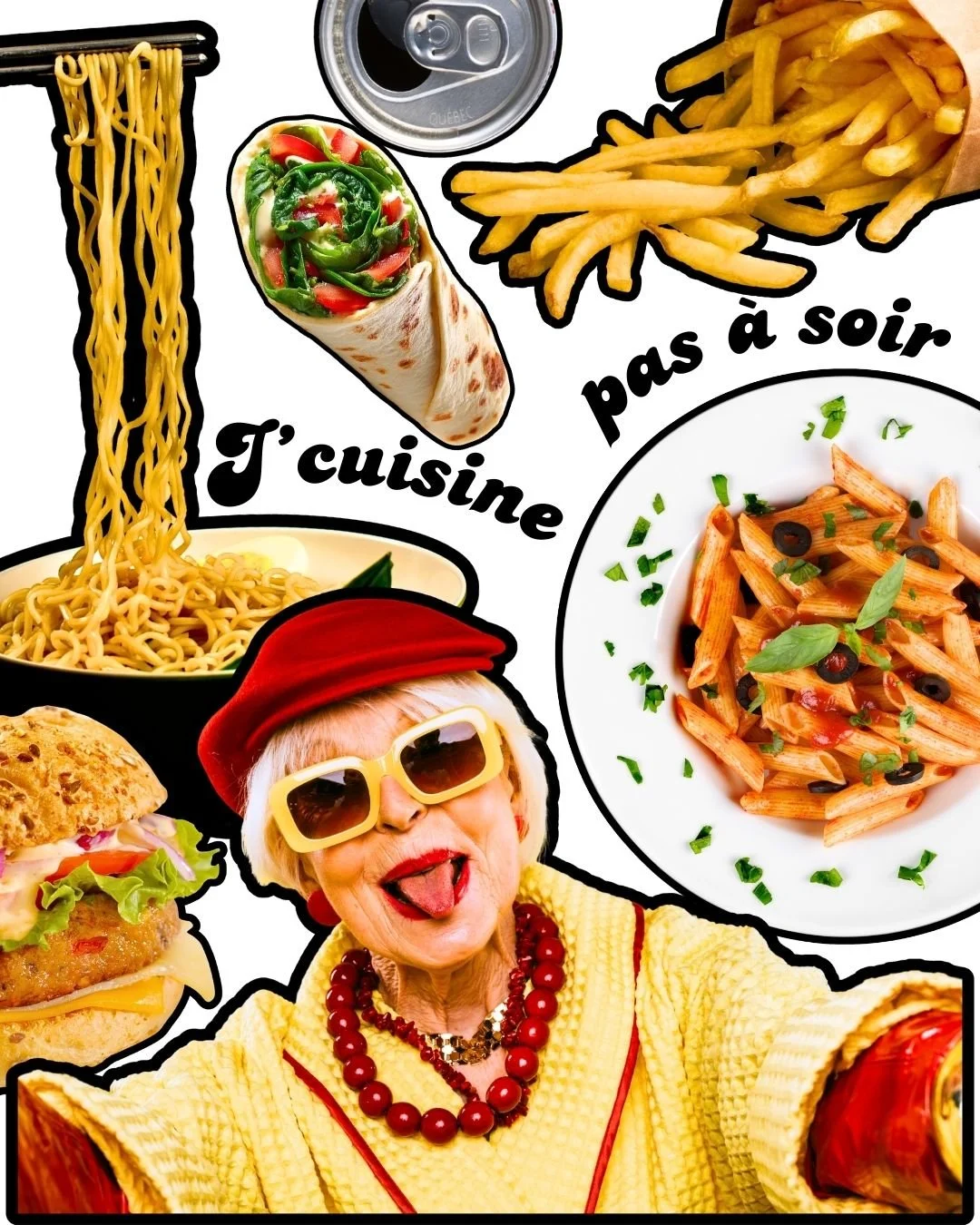 Une personne âgée avec des assiettes remplies autour. Il est écrit :  j'cuisine pas à soir