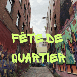 Une ruelle avec des graffitis. On lit Fête de quartier et un nuage bleu apparait.