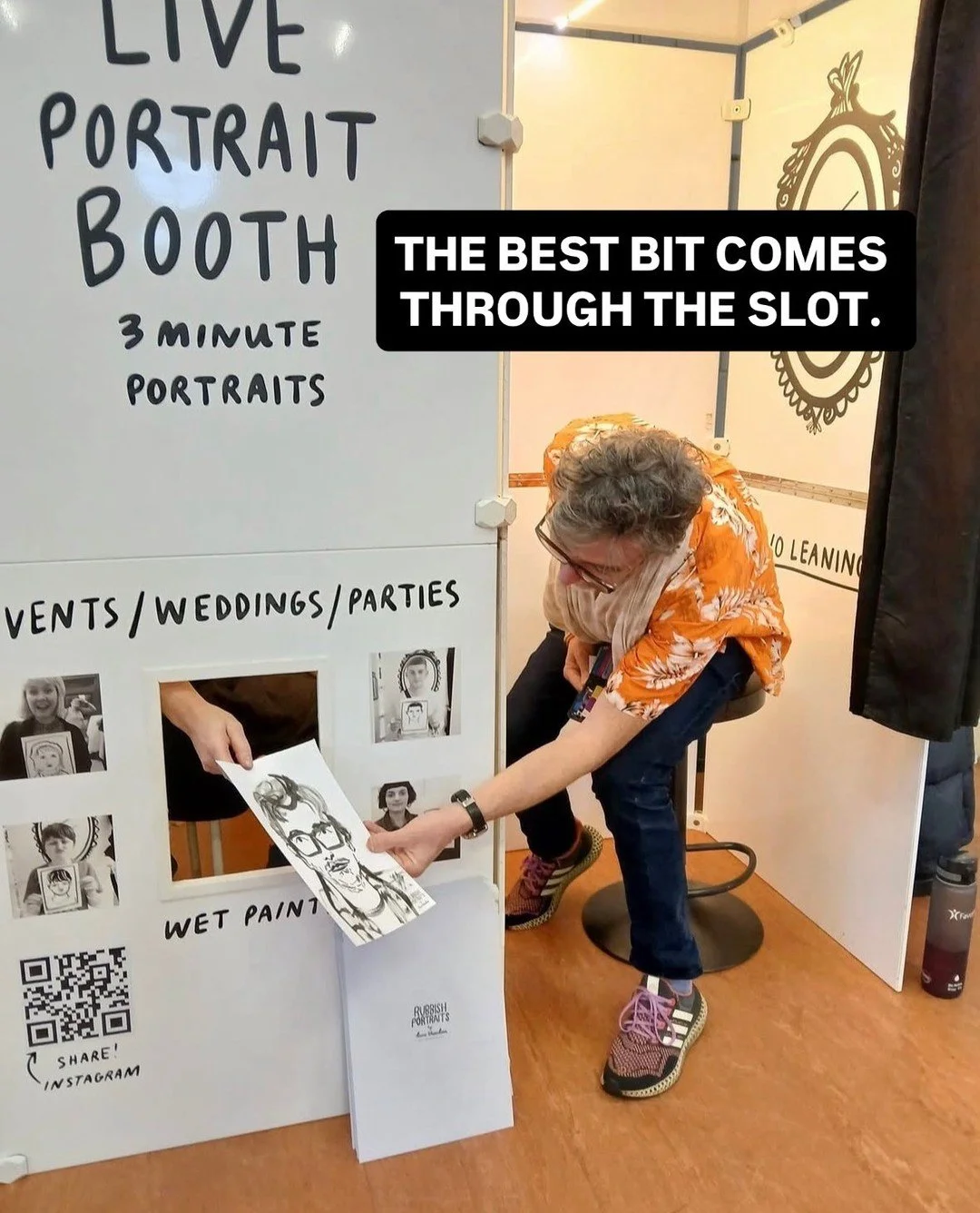My favourite parts of the live portrait booth.

I draw you in around three minutes, then your hand-drawn portrait appears through the slot for you to take home.

A very simple bit of wedding entertainment, but the reveal never gets old.

You can book