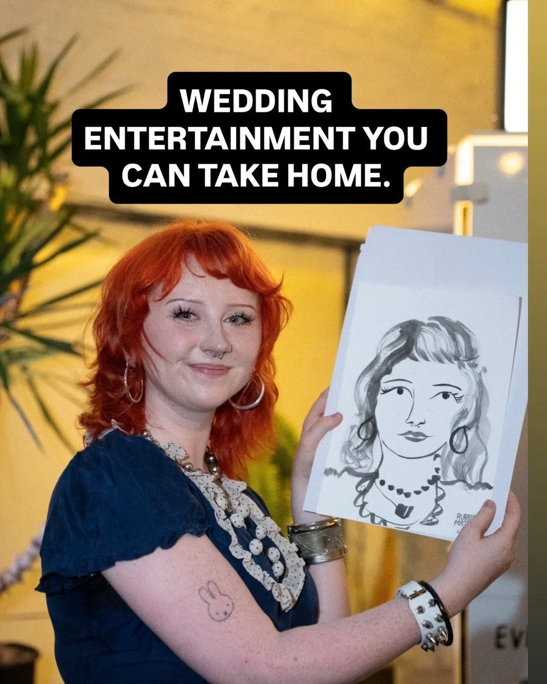 Looking for wedding entertainment that gives guests something to do and something to keep?

Rubbish Portraits is a live portrait booth creating hand-drawn portraits in around three minutes.

Guests sit down, we have a chat, I draw them live, then the