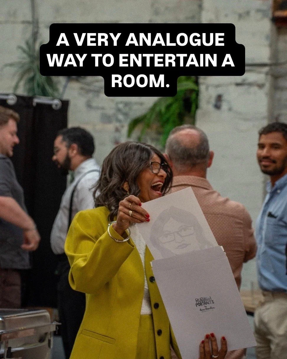 Rubbish Portraits is a live portrait booth creating three-minute portraits at weddings and events.

No camera. No printer. No AI.

Just a live artist, some ink and a lot of conversations.

A simple bit of wedding guest entertainment that becomes part