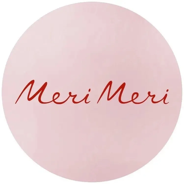 Pink circular background with red cursive text that reads "Meri Meri".