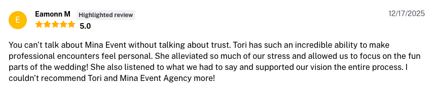 Screenshot of a five-star positive review for Mina Event, praising Tori and Mina Event Agency for their professionalism, trustworthiness, and support during a wedding.