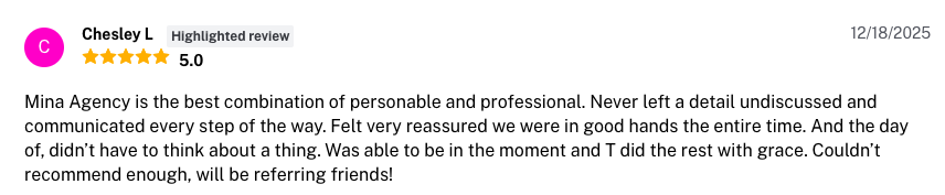 Screenshot of a 5-star review on a platform, praising Mina Agency for professional, personable service and effective communication.