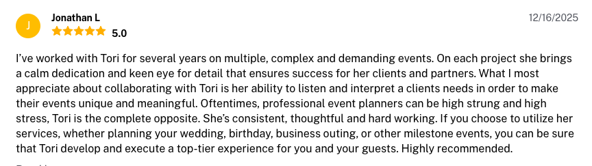 Online review of a wedding planning service, praising Tori for her dedication, attention to detail, and professionalism, with a 5-star rating from Jonathan L dated 12/16/2025.