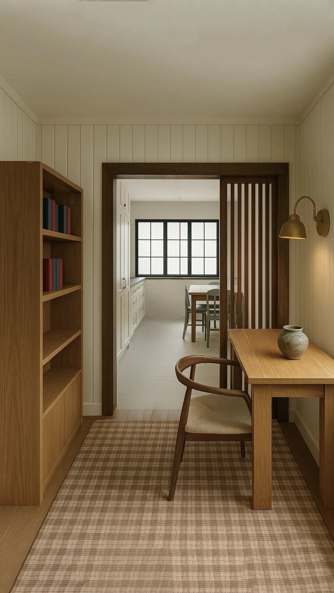 View of an interior room with wooden furniture, including a bookshelf on the left, a small desk with a vase on the right, and a doorway leading to a dining area with large window in the background.