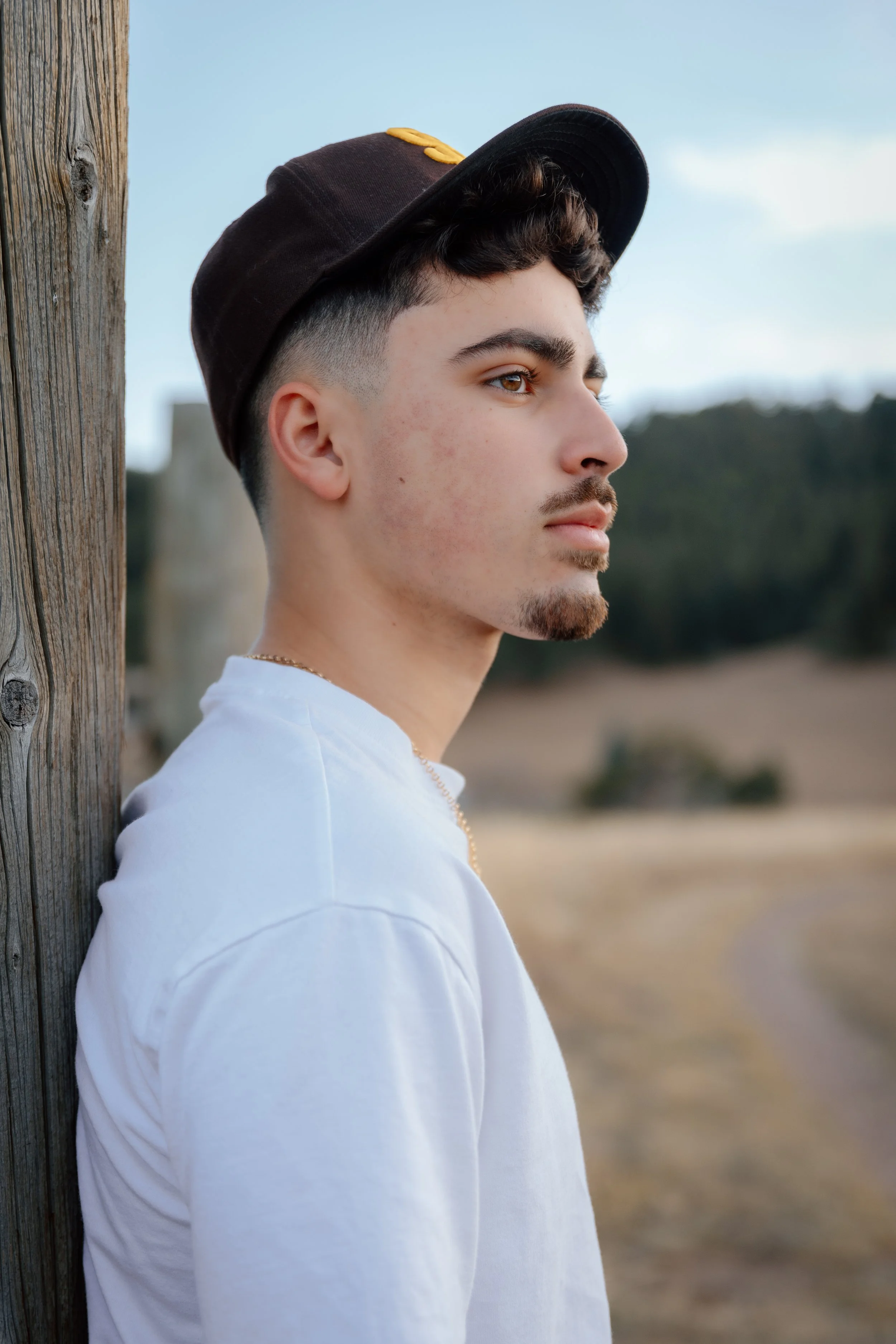 A young man with light skin, dark hair, and a trimmed beard stands beside a wooden post outdoors, wearing a black cap and a white shirt, looking off into the distance with a serious expression. The background features a rural landscape with dry grass