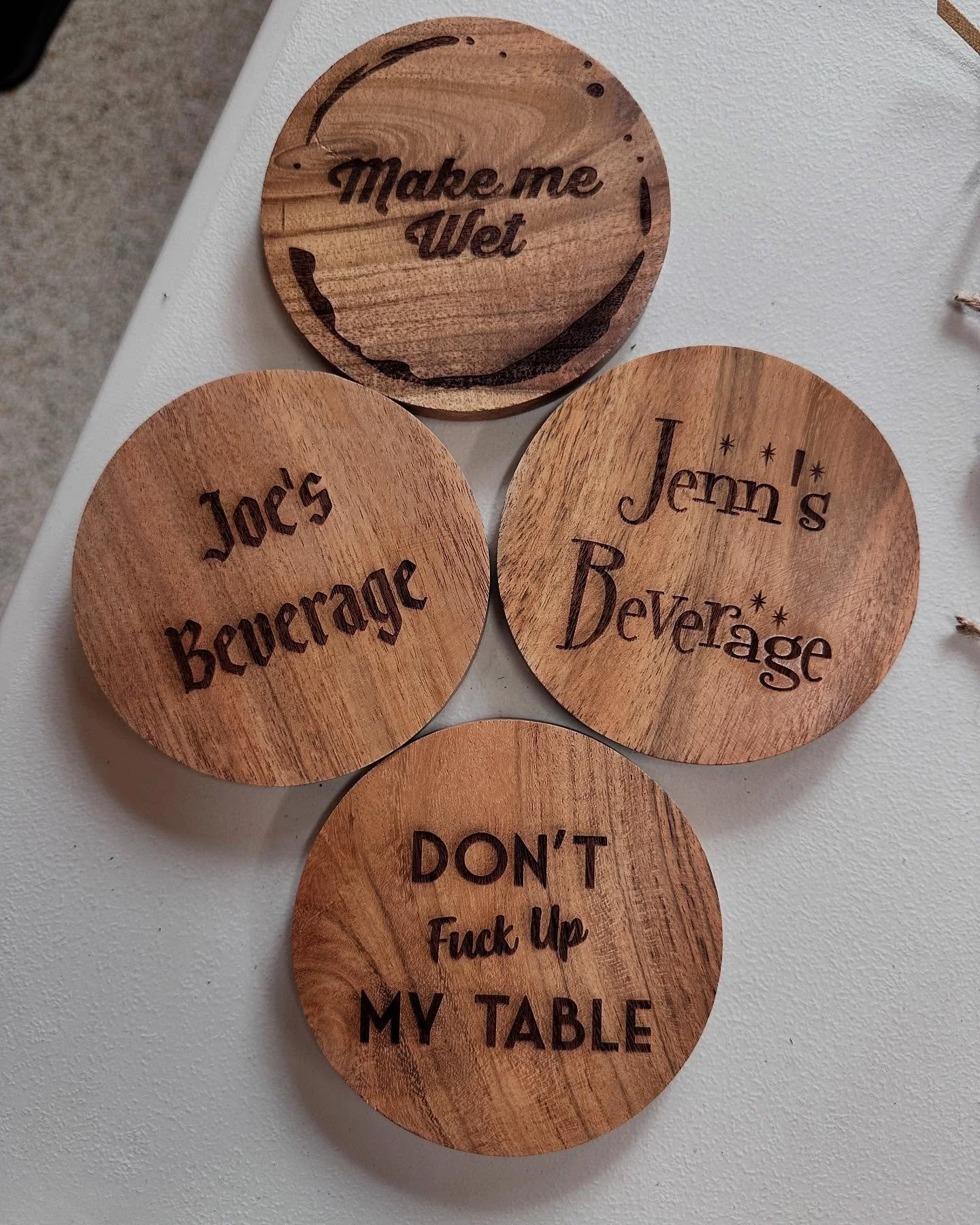 These coasters never get old! I recently made a set with two witty phrases and two custom names. Love when customers share my sense of humor!
💥
DM for custom orders! ✨
🔥
🪩
#wood #woodworking #laser #laserengraving #engraving #custom #omtech #perso