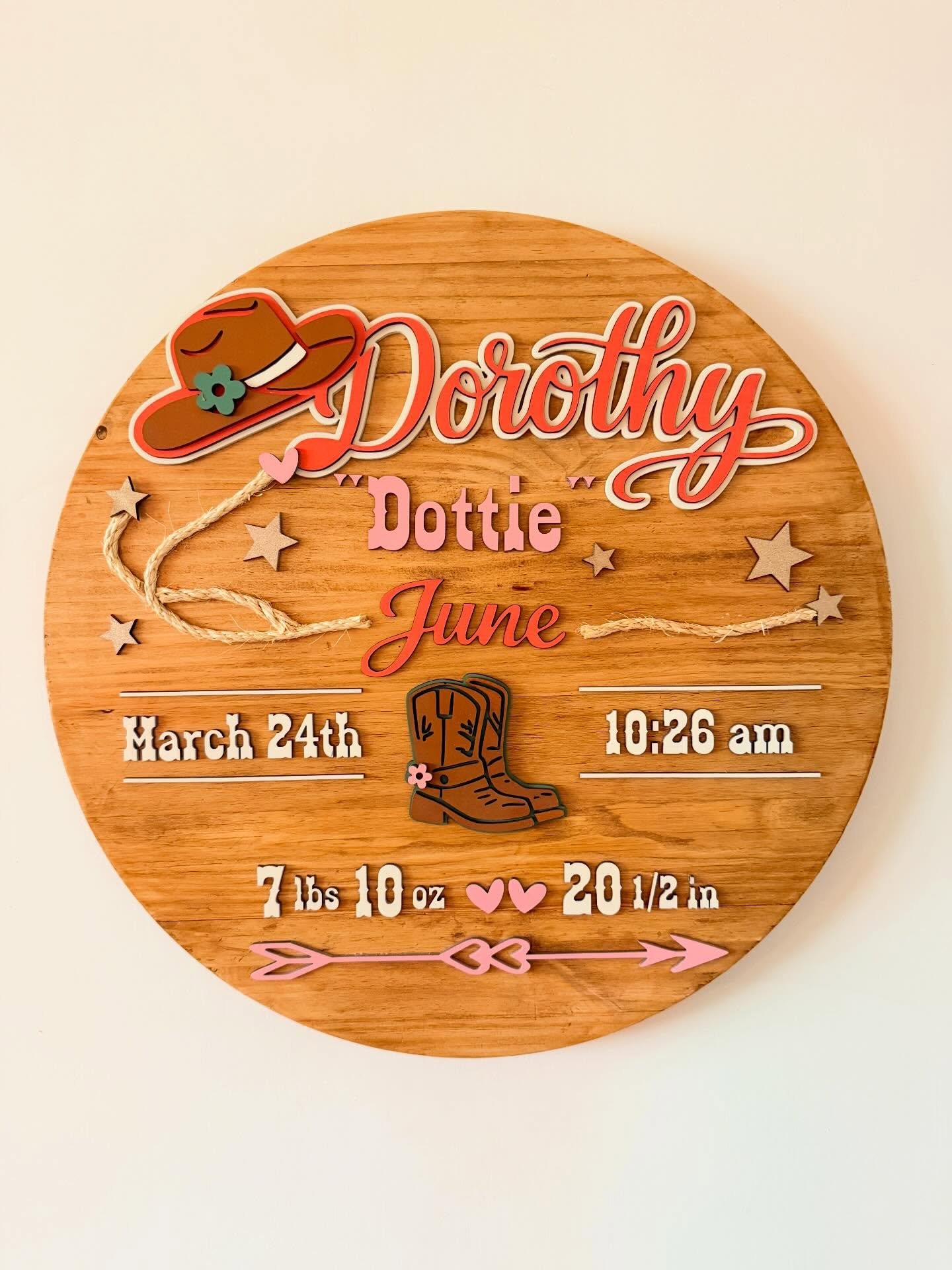 Meet our newest little cowgirl 🤎✨

I had so much fun creating this custom western-themed baby stats board for my sweet niece, Dorothy June&mdash;aka &ldquo;Dottie&rdquo; 🤠🌸 From the tiny boots to the cowgirl hat and all the little details in betwe