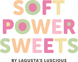 Soft Power Sweets cannabis brand in colorful, pastel letters with a note 'by Lagusta's Luscious' beneath.