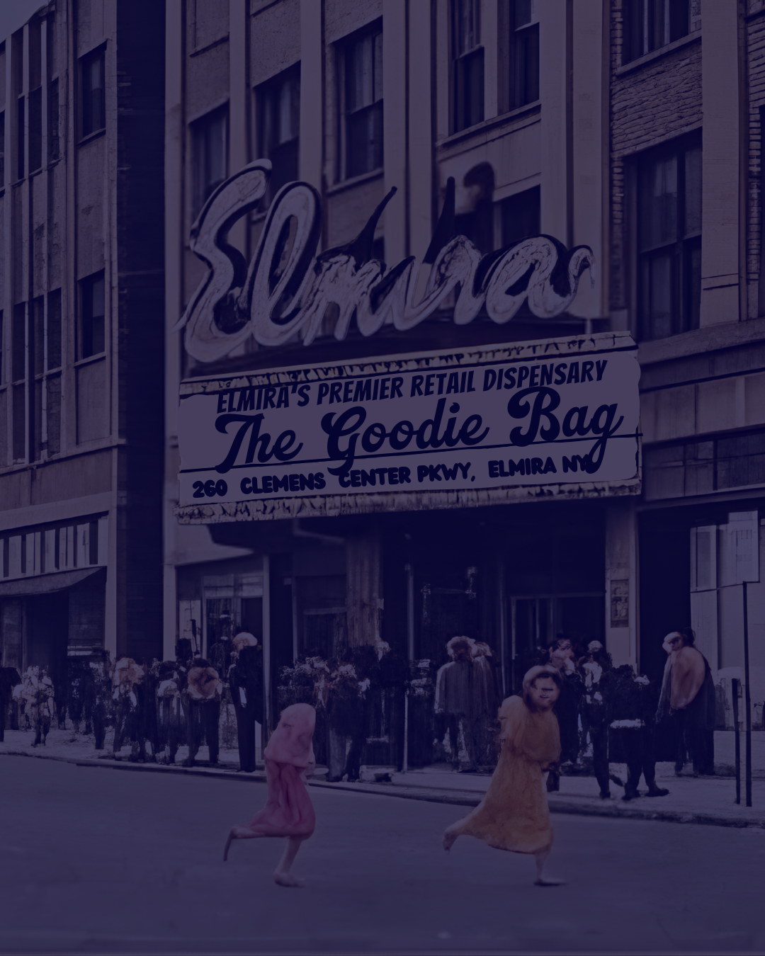 A street scene with a large neon sign reading 'Screamers' and a smaller sign below that says 'Elmira's Premier Retail Dispensary, The Goodie Bag, 260 Clemens Center Pkwy, Elmira NY'. There are people walking and standing along the sidewalk, and two children in pink and yellow dresses are running in the foreground.