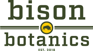Logo for Bison Botanics with green text and a small bison icon, established in 2018.