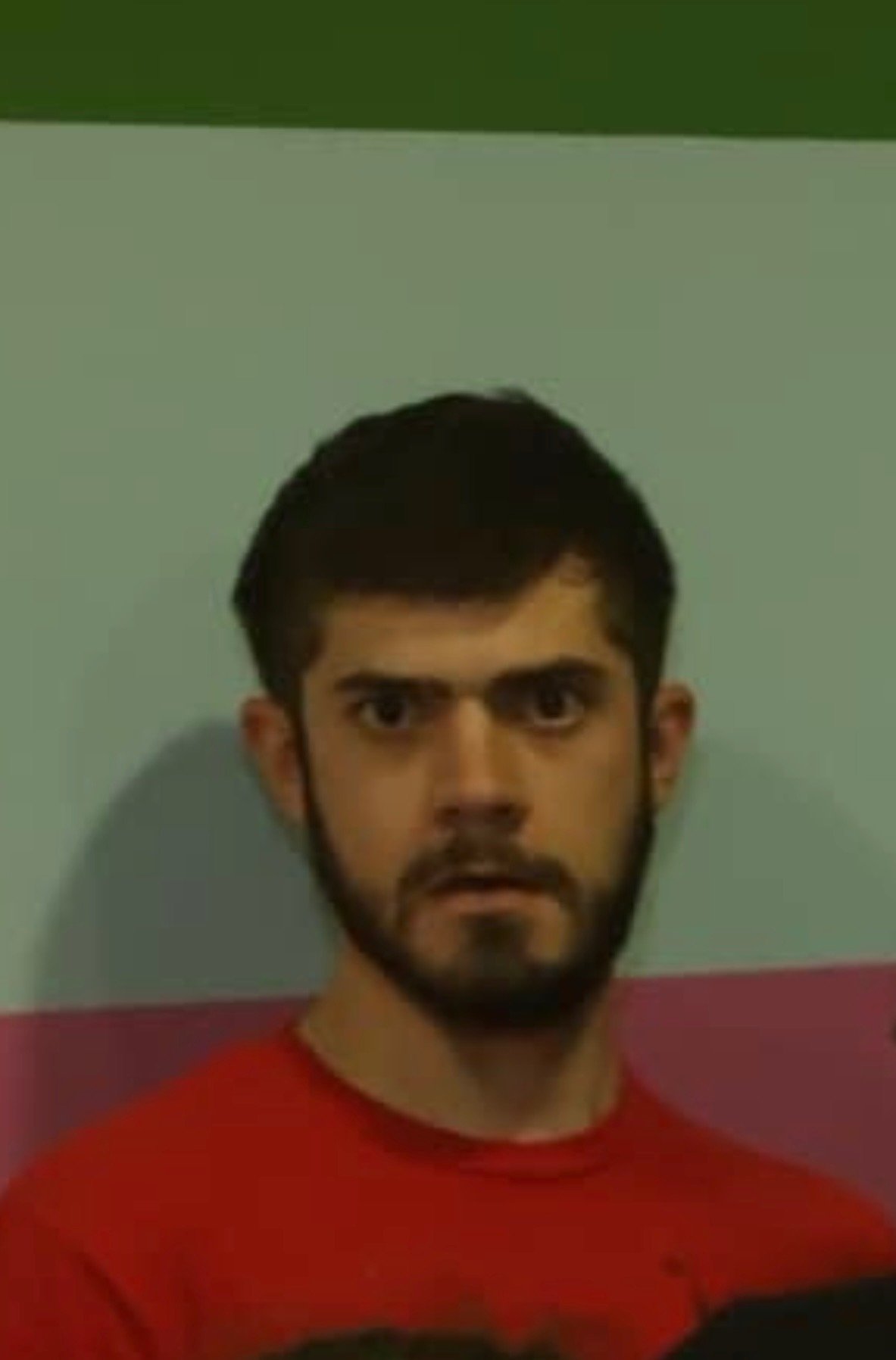 A young man with dark hair and a beard, wearing a red shirt, looking directly at the camera in front of a multicolored wall.