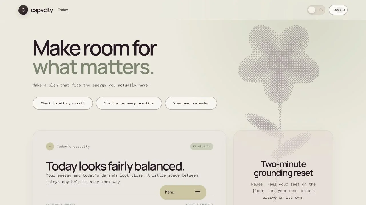 Capacity website with a soft neutral dashboard, botanical artwork and daily planning controls