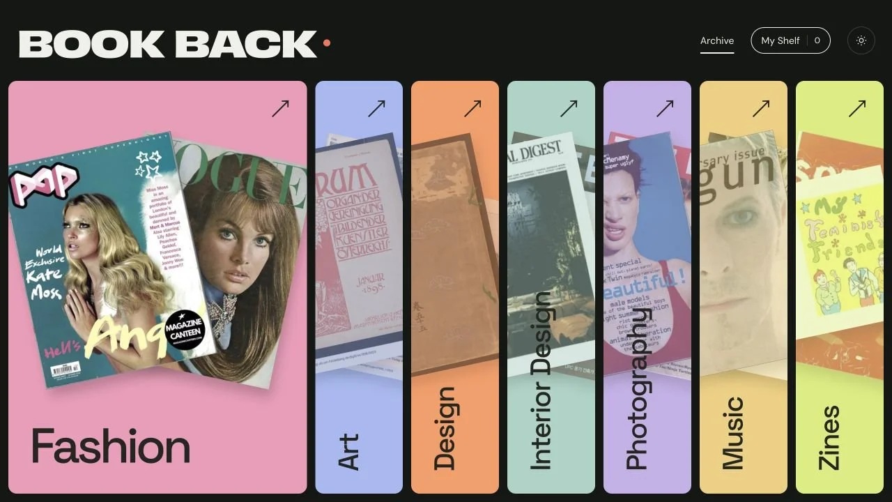 BOOK BACK magazine archive with colourful subject panels for fashion, art, design, interiors, photography, music and zines