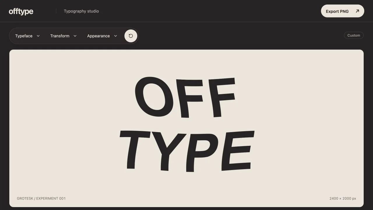 Offtype typography studio showing a live letterform experiment with adjustment and preset controls