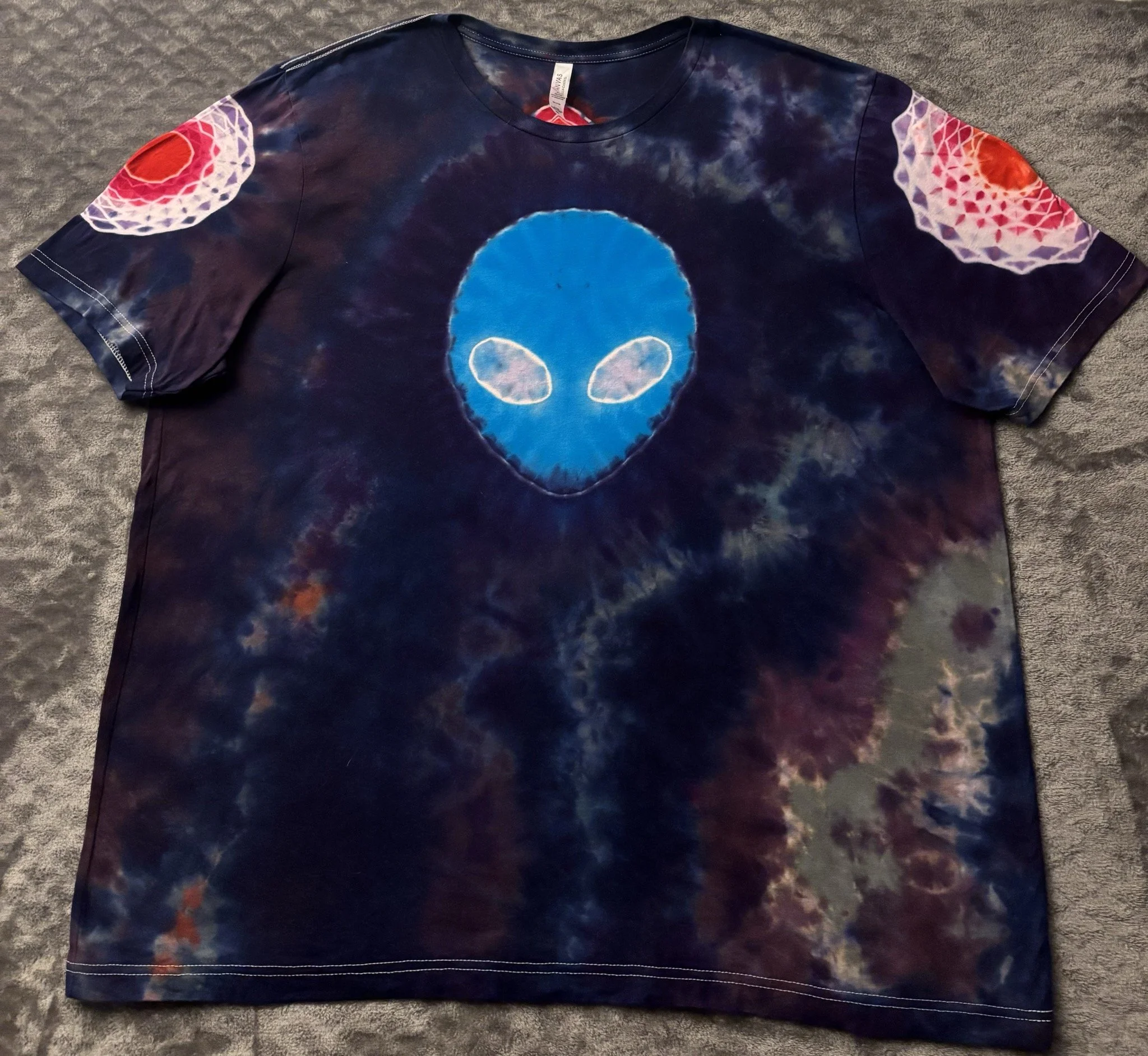 Icy-Eyed Blue Alien with Pink Cryptid Spine & Mandala Sleeves T-Shirt - Adult 3XL
