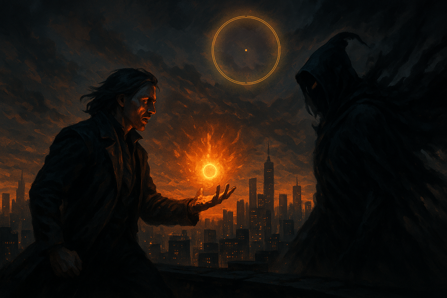 A dark, futuristic city skyline at sunset with two mysterious figures facing each other. One figure is holding a glowing orb, and the other figure is cloaked with their face hidden.