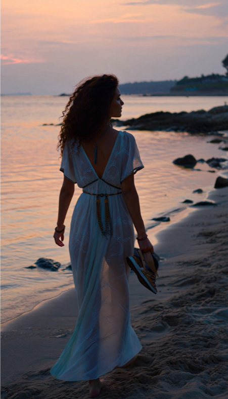 A woman walking along the beach at sunset, holding her sandals and gazing towards the water.