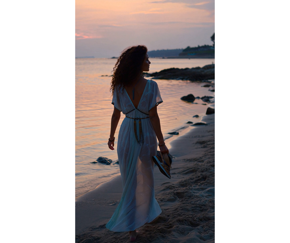A woman with curly hair walking on a beach at sunset, holding shoes in one hand.