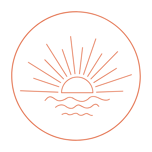 Minimalist outline of a sunset over water with rays extending outward, enclosed in a circle.