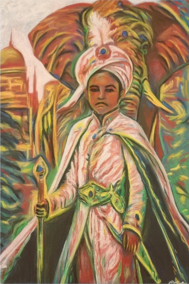 Abstract painting of a person in traditional attire holding a staff, with vibrant swirling colors and a large, jagged shape resembling a face or mask in the background.