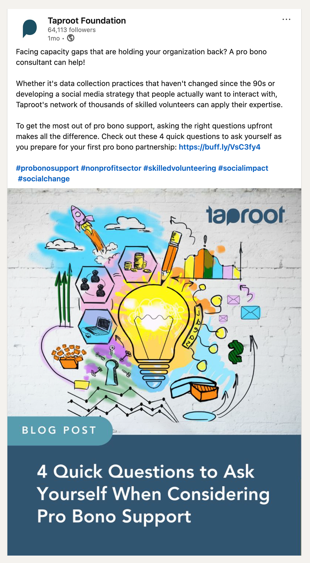 Social media post from Taproot's LinkedIn featuring a blog post titles 4 Quick Questions to Ask Yourself When Considering Pro Bono Support