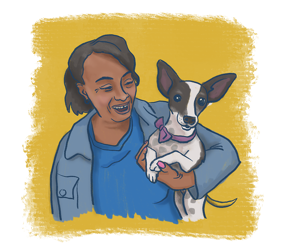 Sketchy illustration of a Black woman holding her small black and white dog wearing a bow tie