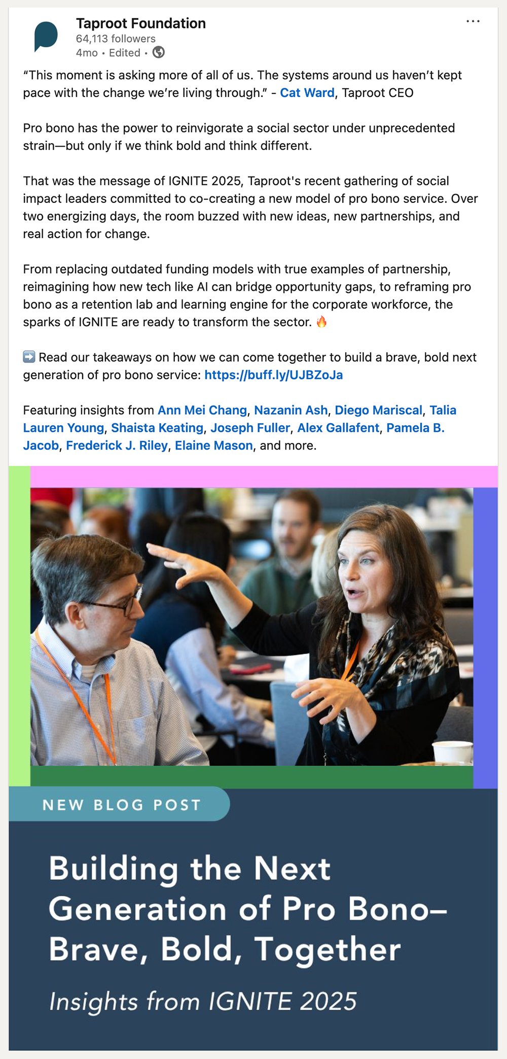 Social media post from Taproot's LinkedIn featuring image of a woman talking and gesturing and recap of IGNITE conference