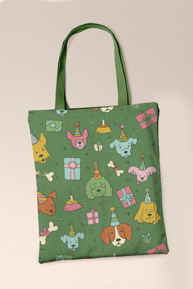 Mock-up of a tote bag with green background and dogs in birthday hats