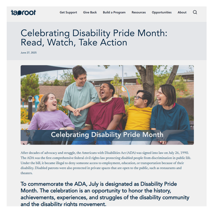 Screenshot of Taproot blog post titled Celebrating Disability Pride Month: Read, Watch, Take Action