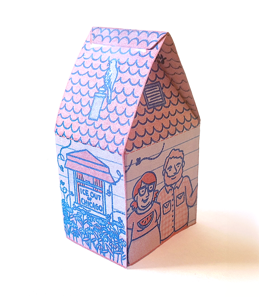 Riso-printed folded paper house in red and blue with cartoon drawing of an "ICE out of Chicago" sign in a window and Abbey and Ben