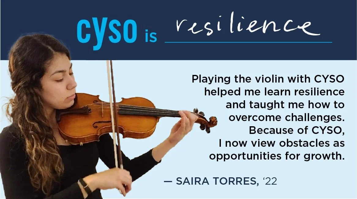 "CYSO is resilience" with image of girl playing violin