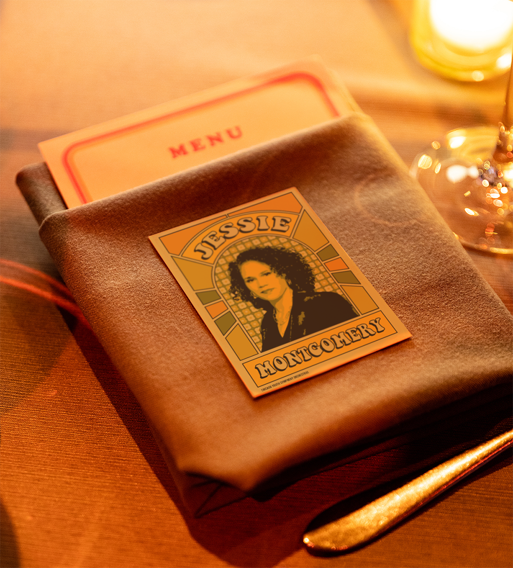 Jessie Montgomery trading card on a napkin place setting