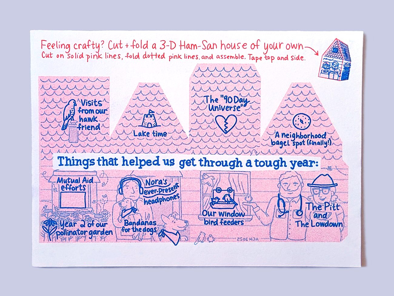 New years card in blue and red with text "Things that helped us get through a tough year" and annotated elements on a cut-and-fold drawing of their house