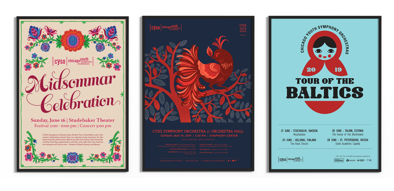 Three poster designs in black frames. The first in inspired by European folk art, the second a folk art bird, and the third a Russian Matryoshka doll