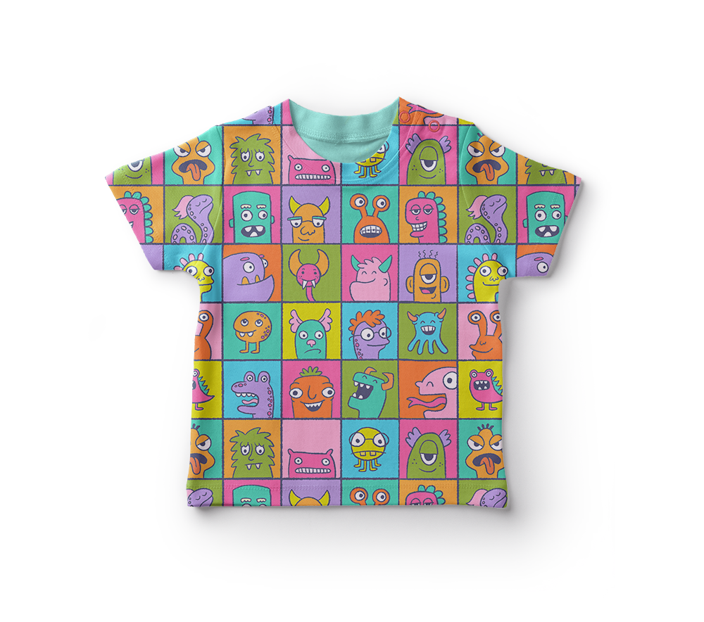 A brightly colored illustrated pattern of monster in individual boxes mocked up on a children's tee shirt