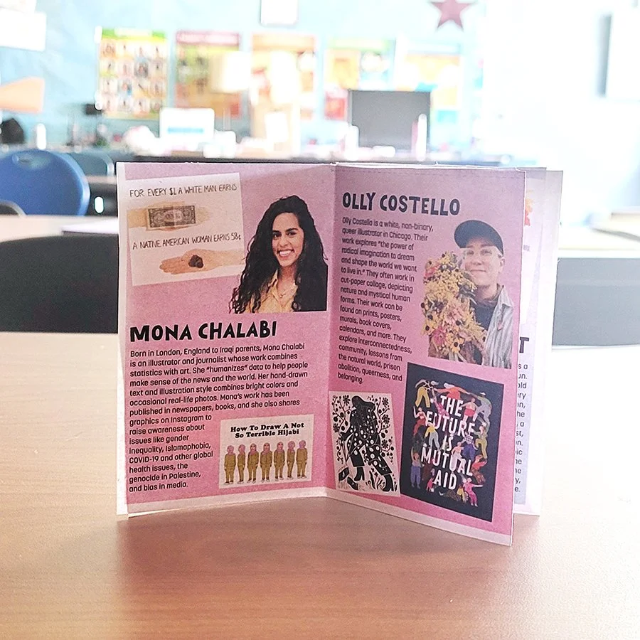 Protest Art Zine - Pages on Mona Chalabi and Olly Costello