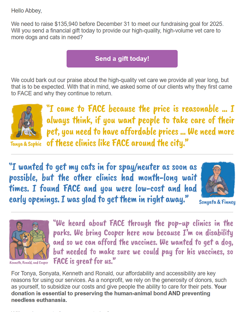 Screenshot of a FACE email with quotes from pet owners and their illustrated portrait
