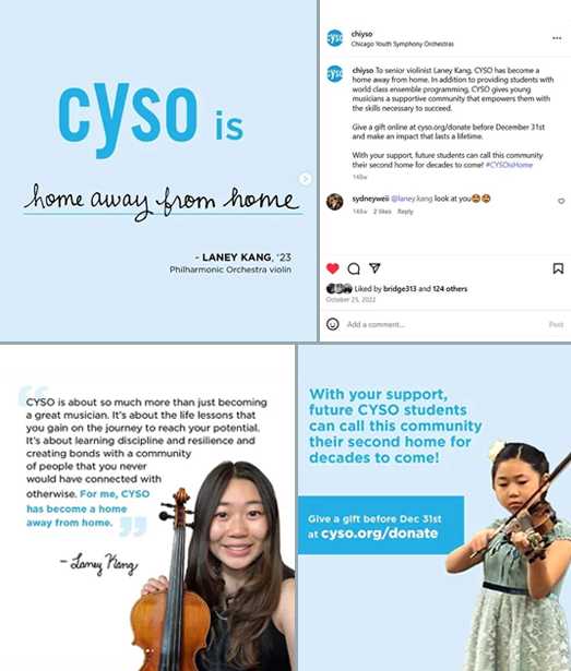 Screenshots of 4 Instagram slides feature on violinist Laney Kang