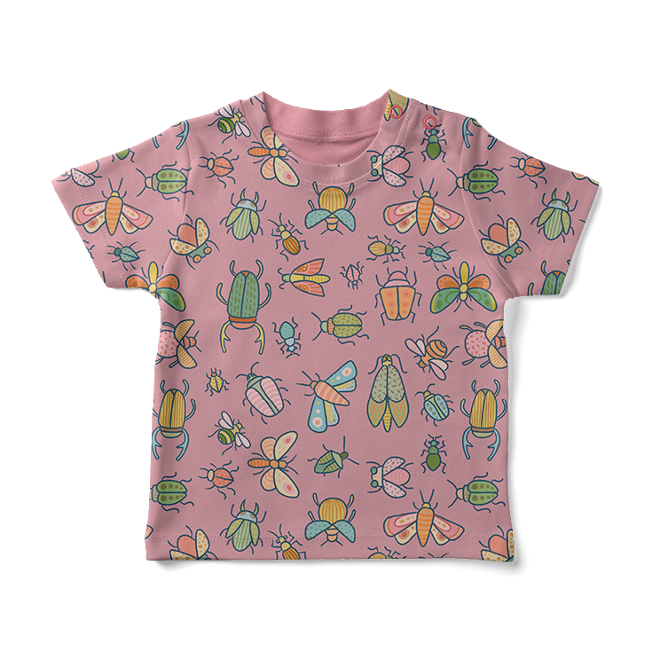 Baby shirt with illustrated pattern of decorated insects