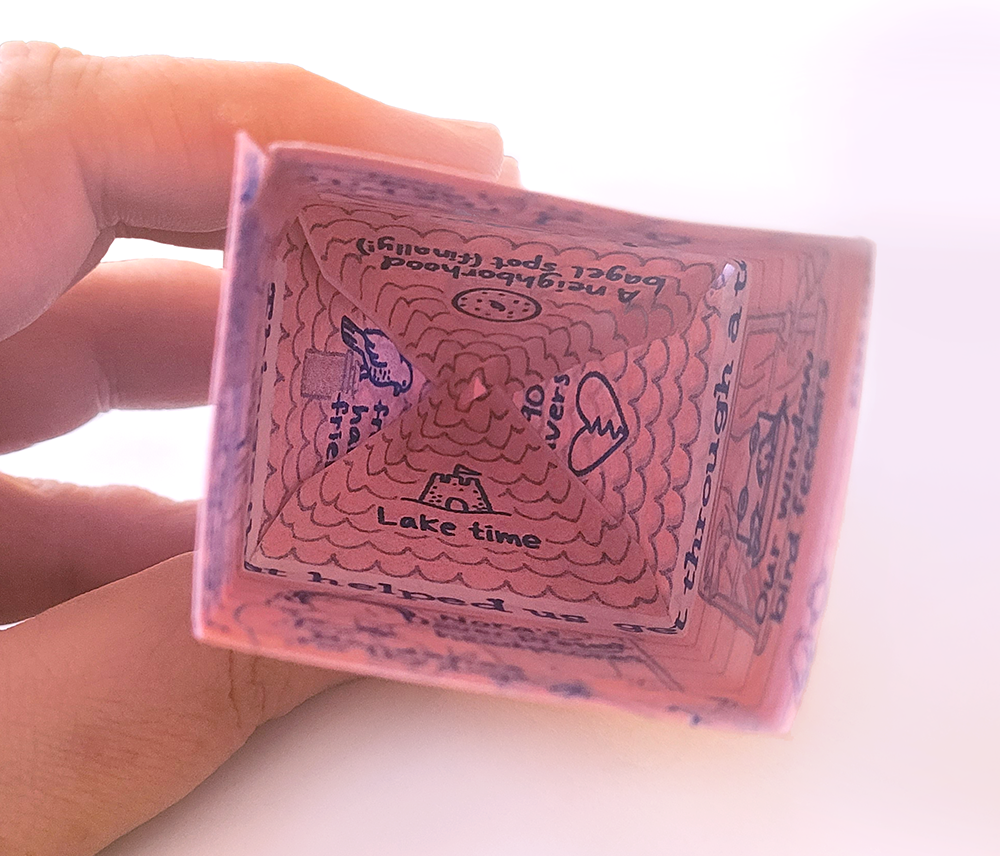 Inside of the folded house shows the printing from the back side of the card