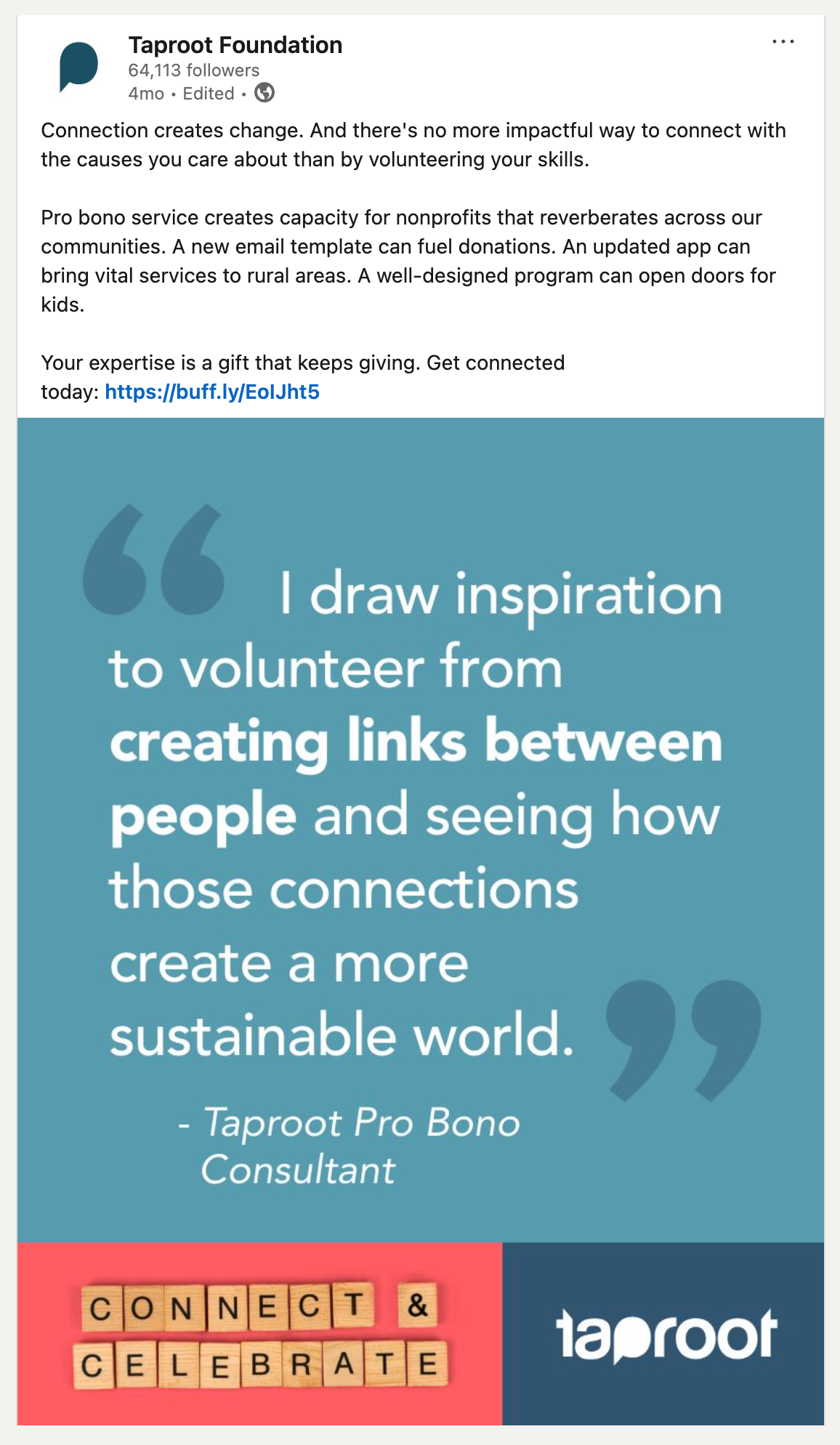 Social media post from Taproot's LinkedIn featuring quote from a volunteer "I draw inspiration to volunteer from creating links between people and seeing those connections create a more sustainable world."
