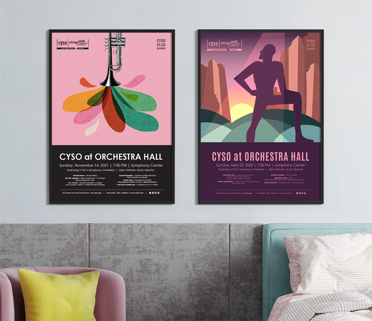 Two posters in frames on a bedroom wall. The first is a trumpet shooting colored blobs, the second shows a heroic figure looking out over mountains