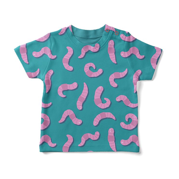 Baby shirt with illustrated pattern of pink worms