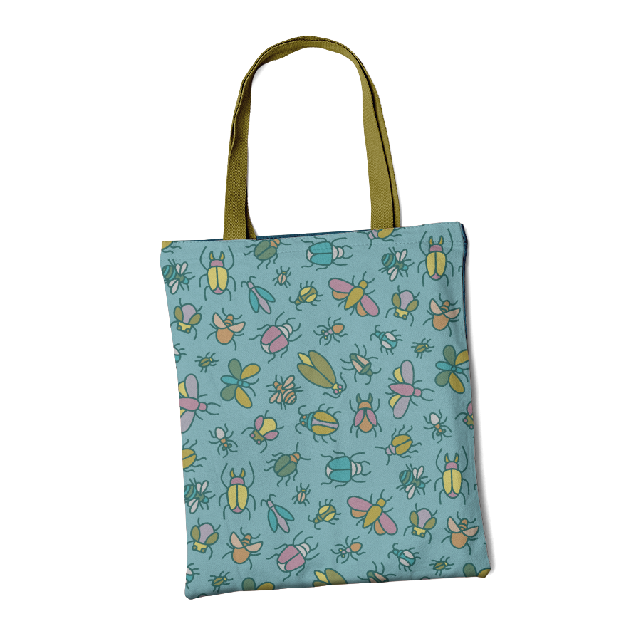 Tote bag with illustrated pattern of insects on blue background