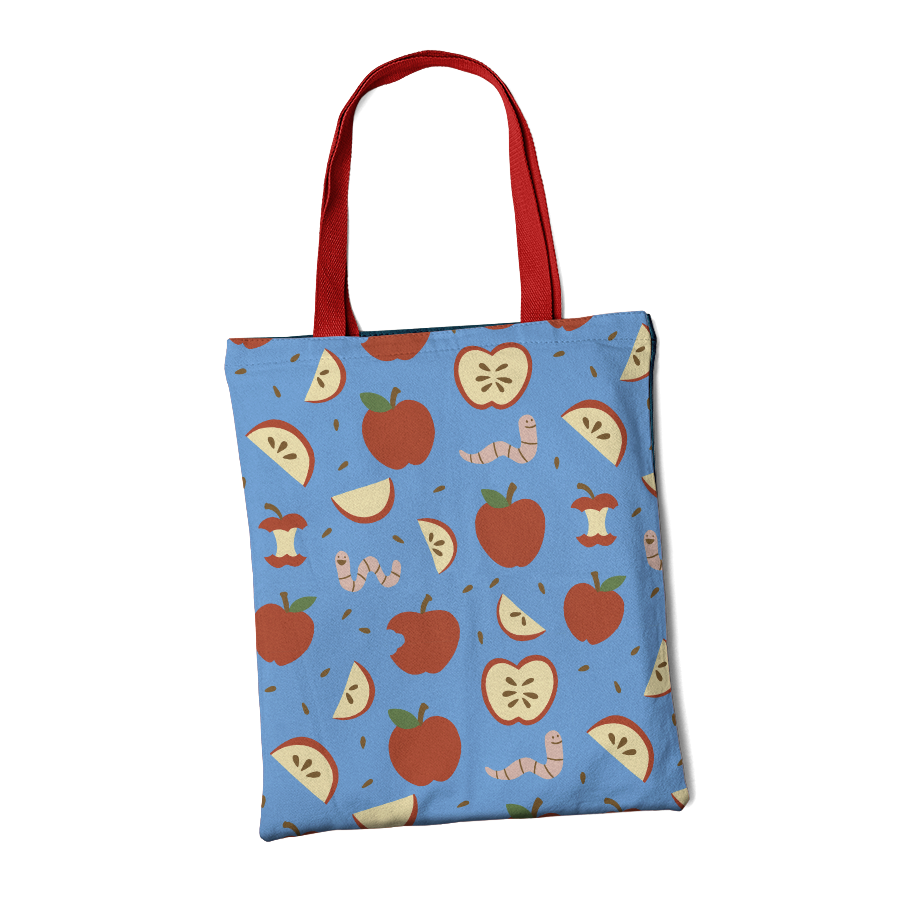 Tote bag with illustrated pattern of apples and worms