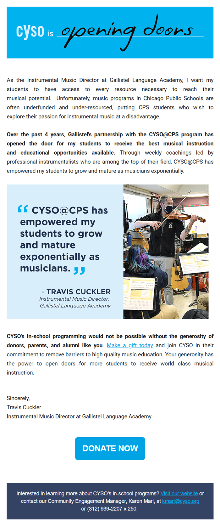 Screenshot of an email with the headline "CYSO is opening doors" and featuring a letter from a teacher at a community site